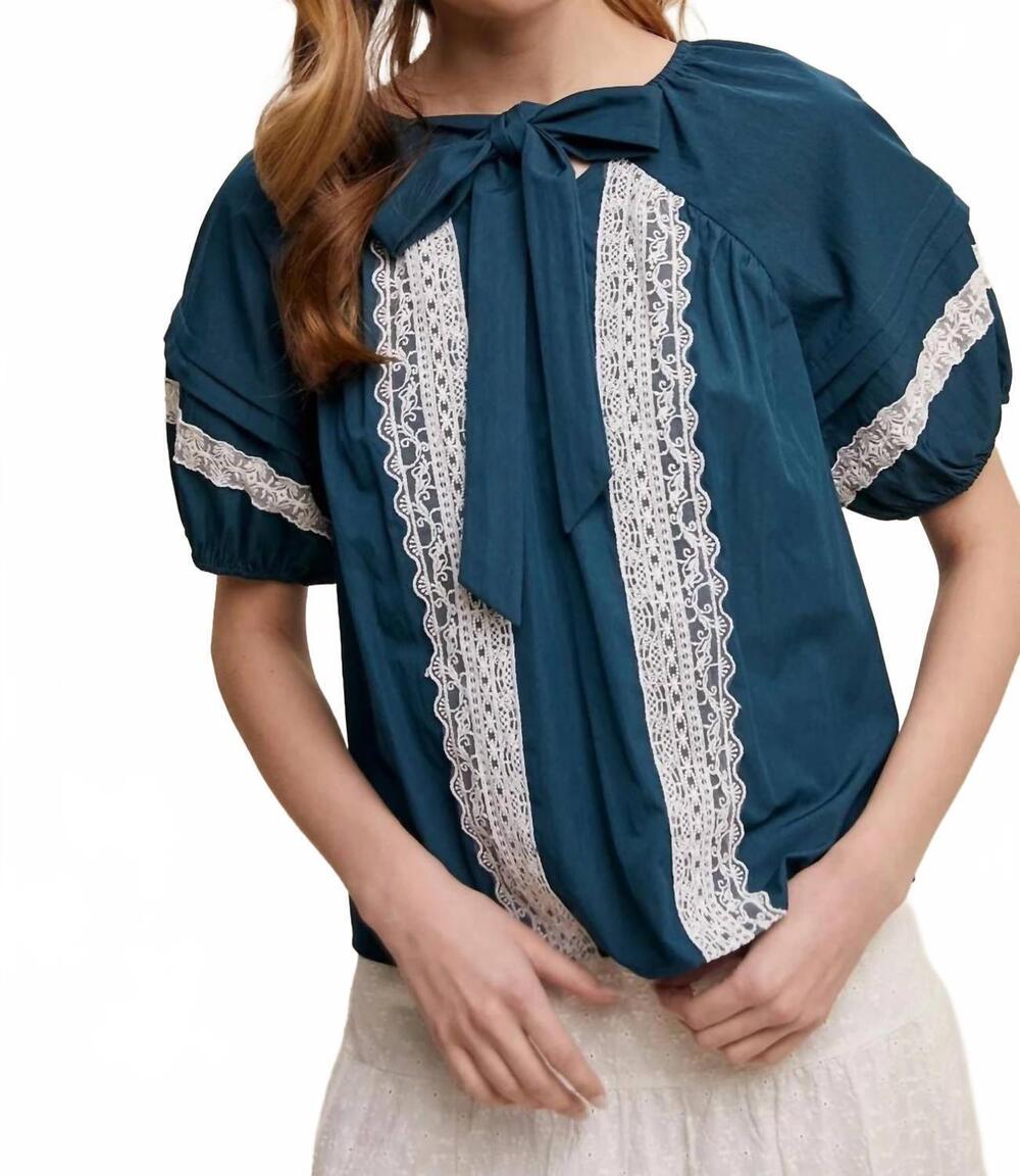 NEW LISTICLE isla lace bow blouse in teal